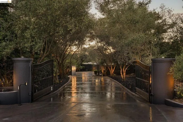 Gated entry featuring wrought iron gates, stucco pillars, and a paved driveway