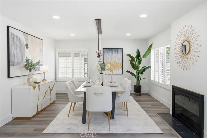 Open layout family room with fireplace