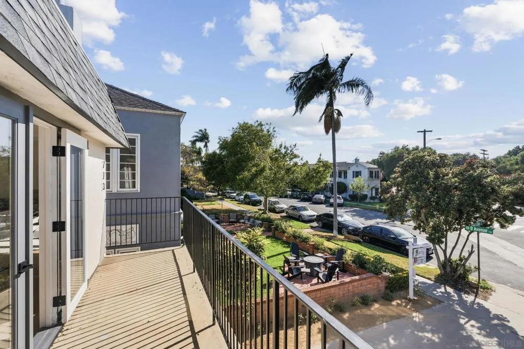 Beautiful westerly view toward Coronado's famous Central Beach.  The upstairs balcony is off the primary bedroom and overlooks lawn bowling and lots of walkers and cyclists.