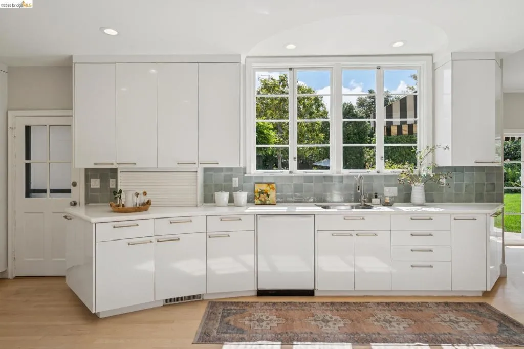 Modern kitchen featuring white cabinetry, light-toned countertops, a stainless steel sink, a tiled backsplash, and wood-finish flooring