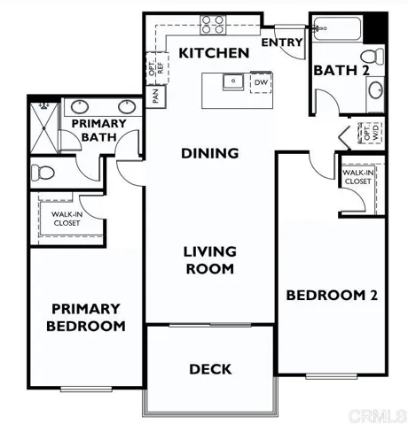Open concept with split primary bedroom w/en-suite bath on right and 2nd bedroom w/full bath on left