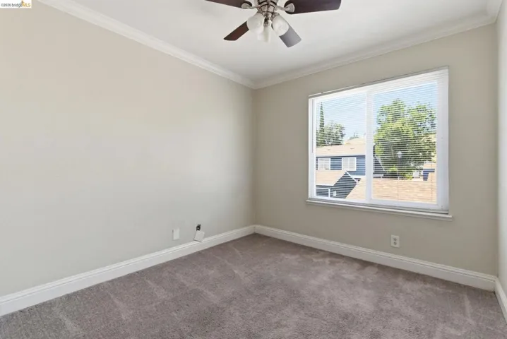 Neutral tone walls with crown molding and baseboards
