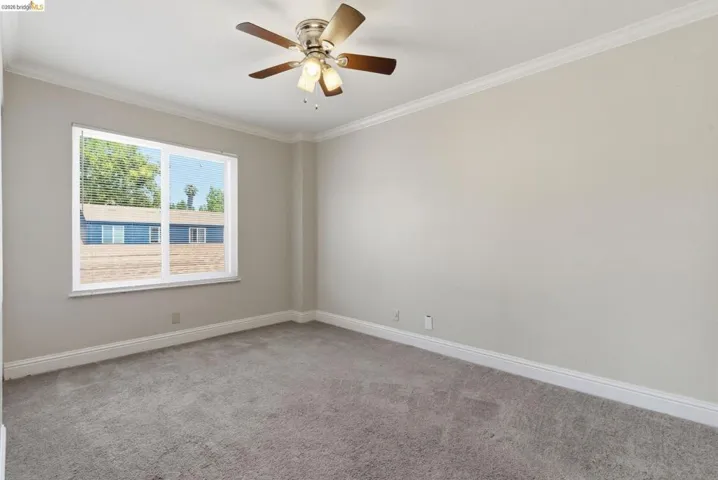 Spacious room featuring neutral carpeting, light-toned walls, and white trim