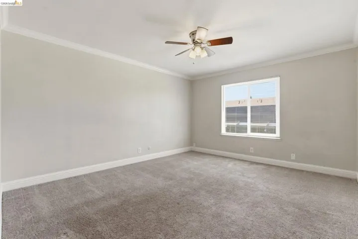 Neutral-toned room featuring a large window, wall-to-wall carpeting, and a ceiling fan with light kit