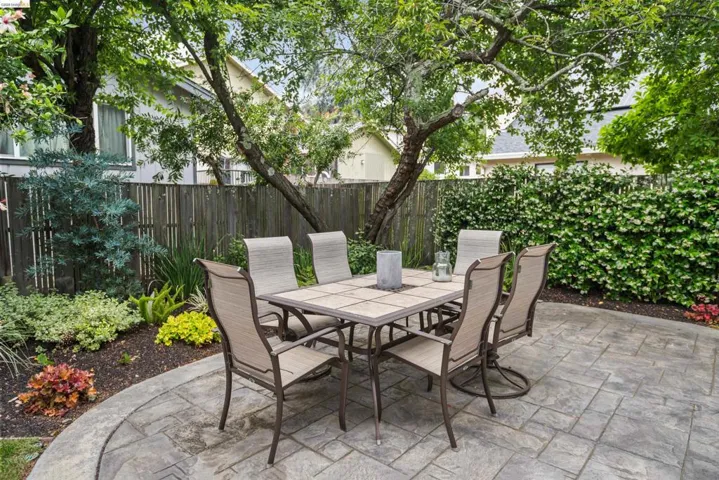 Paved patio area featuring stamped concrete, mature trees, and established perimeter landscaping