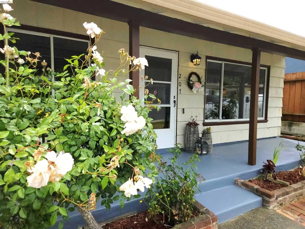 Front porch with light-colored siding, a white entry door, and a covered patio area