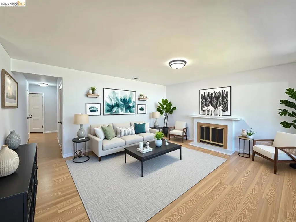 Spacious living area featuring wood-finish flooring, a white mantel fireplace with a gold-tone insert, and light-toned walls. Virtual staging.