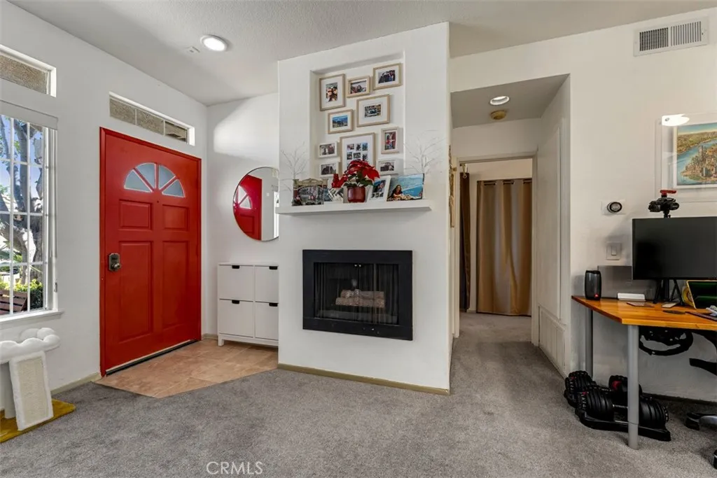 Fireplace and entry door