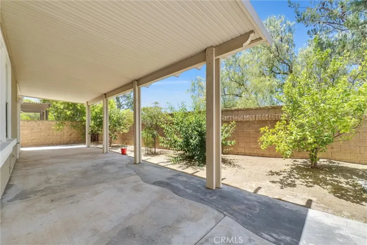 Easy maintenance backyard with fruit trees and block walls.