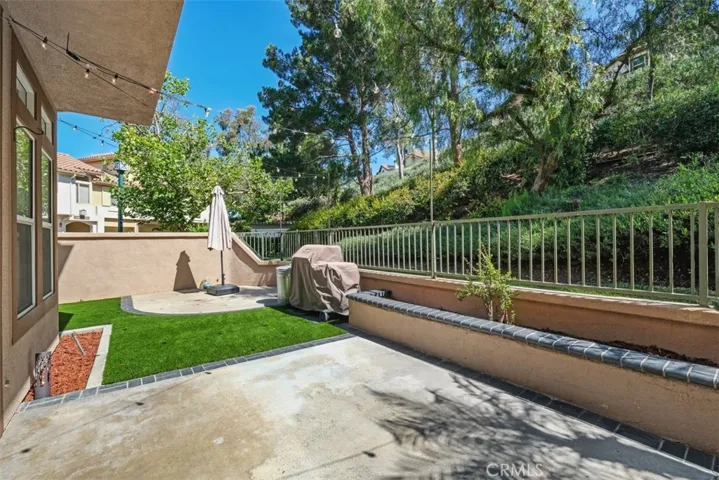 Another view of the outdoor living space showcasing the spacious patio and private surroundings framed by mature greenery.