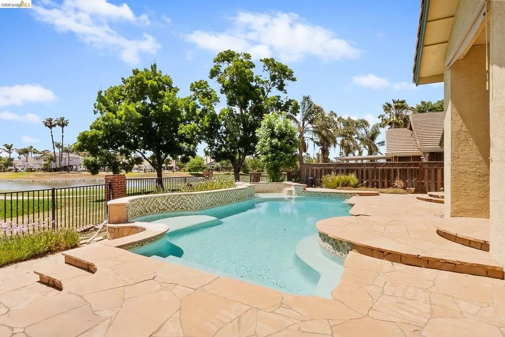 View of pool with a fenced backyard, a patio area, and a water view