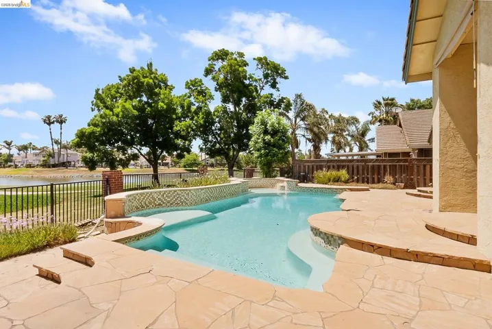 View of pool with a fenced backyard, a patio area, and a water view