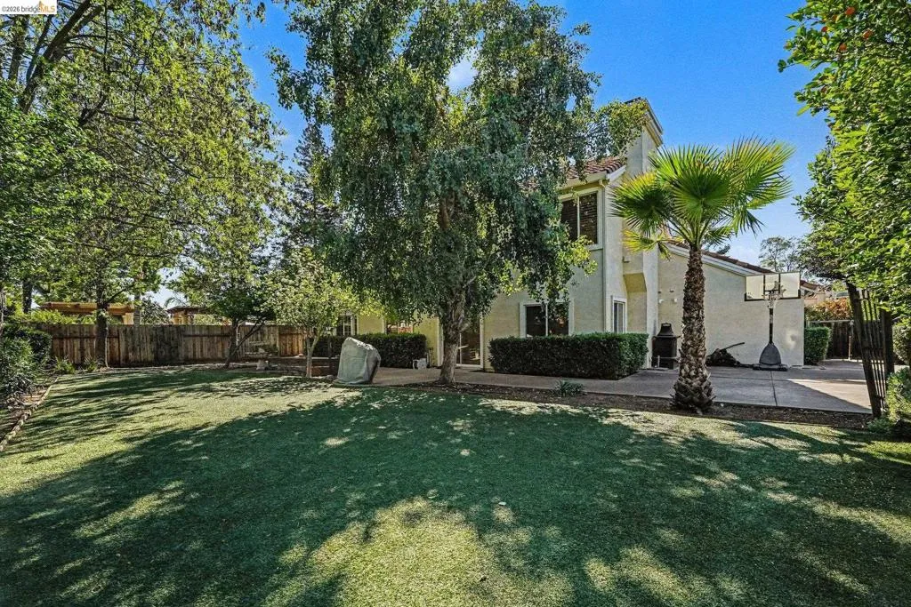 Expansive backyard featuring a lush lawn, mature trees, a privacy fence, and a concrete patio