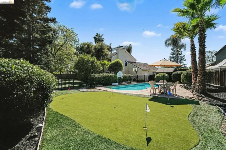 Expansive backyard featuring a putting green, sparkling swimming pool, and mature palm trees