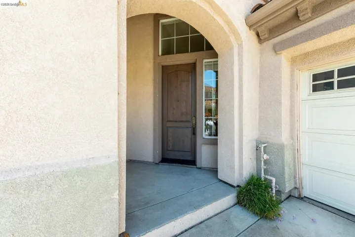 Arched entryway with a wood-finish front door and an adjacent sidelight with gridded panes