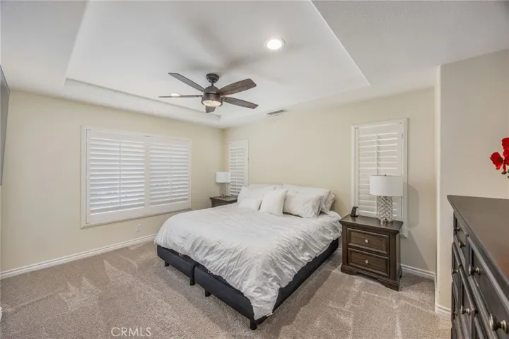 Spacious primary bedroom featuring a tray ceiling and generous floor space