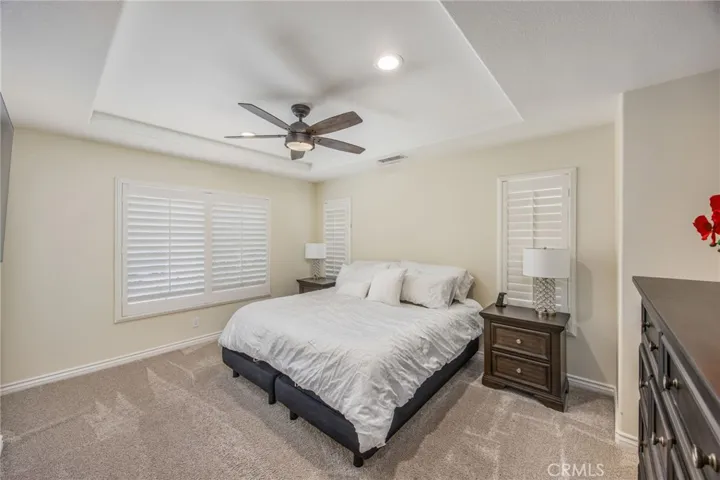 Spacious primary bedroom featuring a tray ceiling and generous floor space
