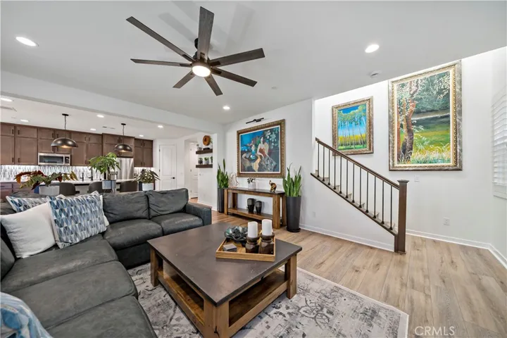Great room with custom stair rail