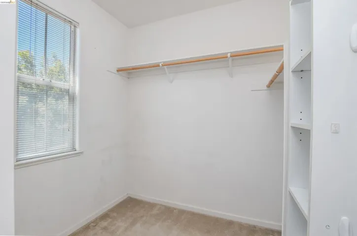 Walk-in closet featuring a window with blinds, carpet flooring, a built-in hanging rod, and white shelving units