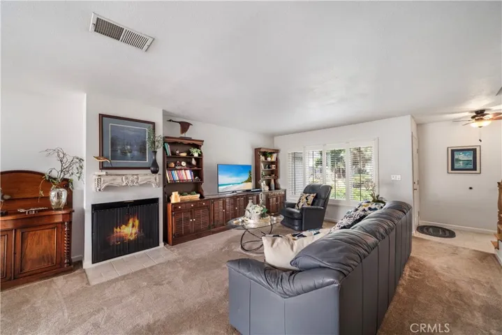 Lovely living room with fireplace and dual pane windows with plantation shutters
