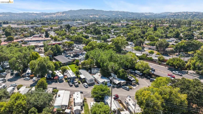 Aerial perspective showcasing a residential and commercial area with abundant mature trees and mountainous terrain in the distance