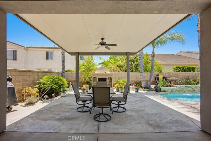 Backyard covered patio with fan and built-in fireplace
