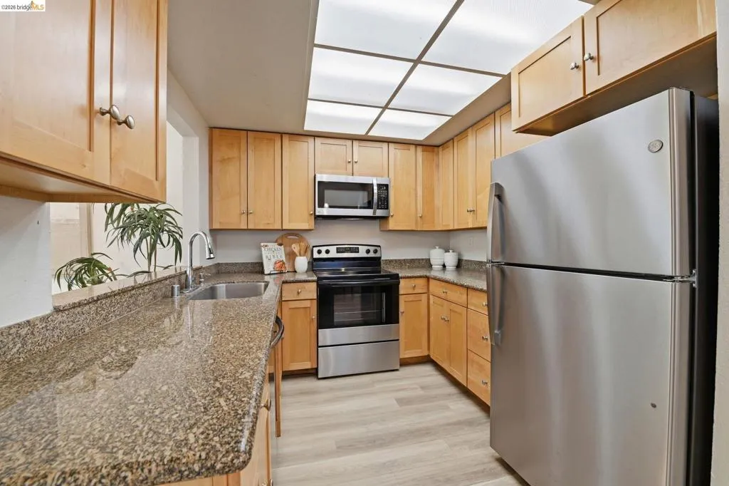 Kitchen featuring light wood cabinetry, granite-style countertops, stainless steel appliances, and wood-finish flooring