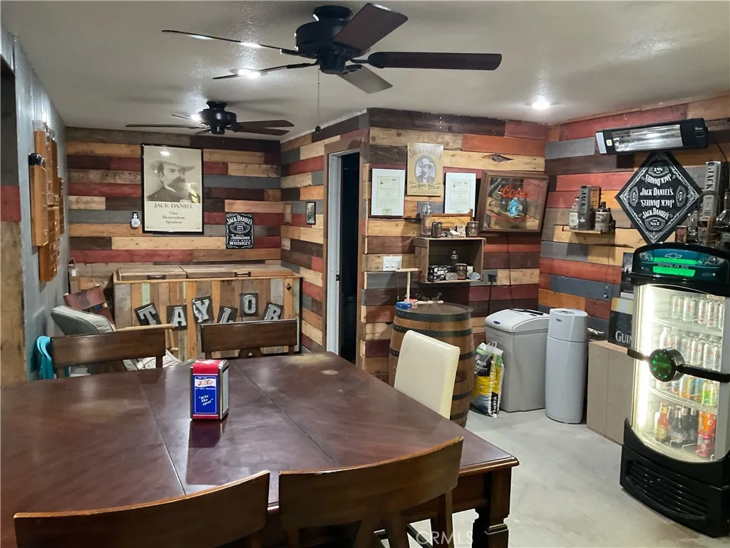 Garage tavern and doorway into full bathroom