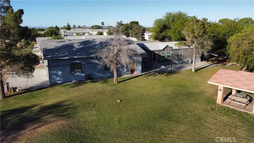 Aerial view of the house and garage