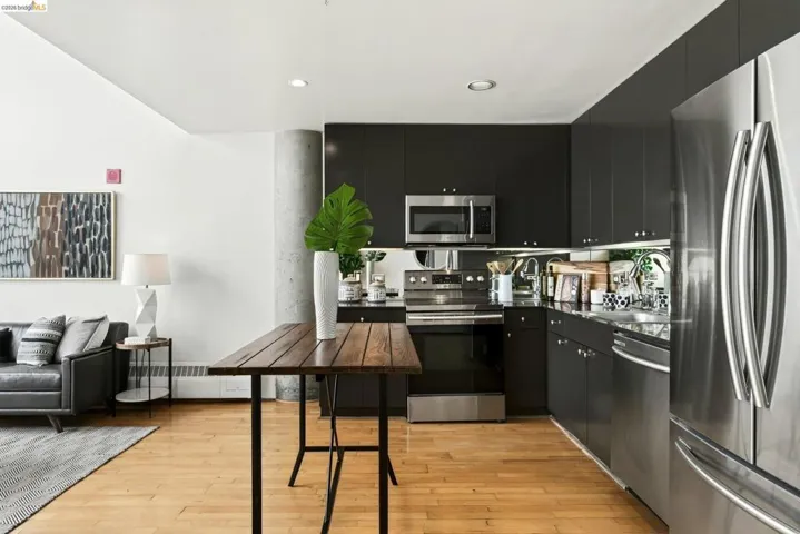 Kitchen featuring dark cabinetry, stainless steel appliances, and a mirrored backsplash