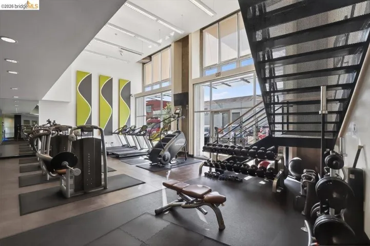 Fitness center featuring high ceilings, contemporary wall panels, expansive windows, multiple cardio machines, and a comprehensive selection of free weights