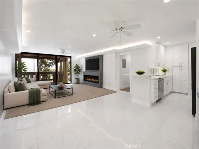 kitchen and virtually staged living room