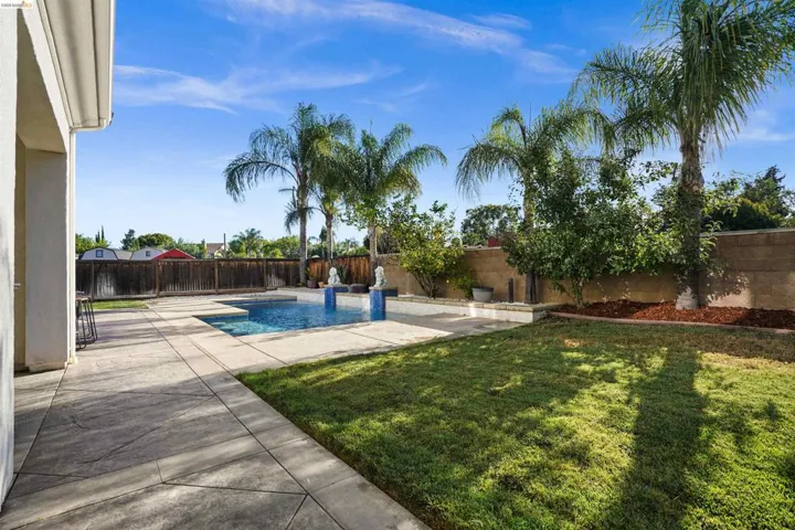 Backyard featuring an in-ground swimming pool, stamped concrete patio, and mature palm trees