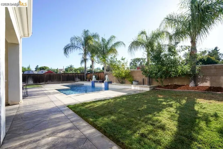 Expansive backyard featuring a rectangular swimming pool, concrete patio, green lawn, mature palm trees, and perimeter fencing