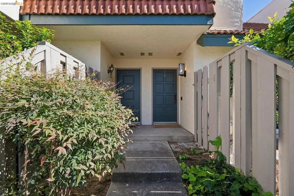 Entryway featuring a paneled door, an exterior sconce, a concrete pathway, and mature landscaping