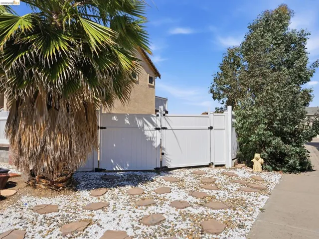 Side yard featuring a white privacy fence with double gates, complemented by a large palm tree and additional mature tree