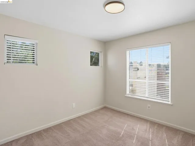 Neutral-toned walls and plush carpeting complement multiple windows with white blinds, and a flush-mount ceiling light fixture