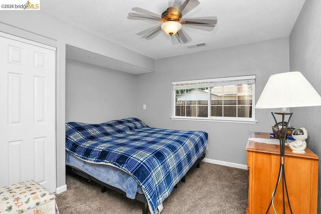 Carpeted room featuring a white paneled door, a single window, and a ceiling fan