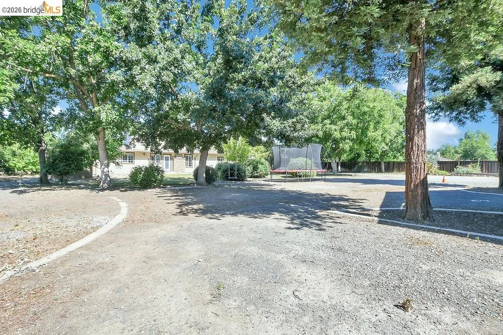 Expansive gravel driveway featuring mature trees providing shade