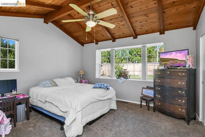 Vaulted wood-paneled ceiling with exposed beams