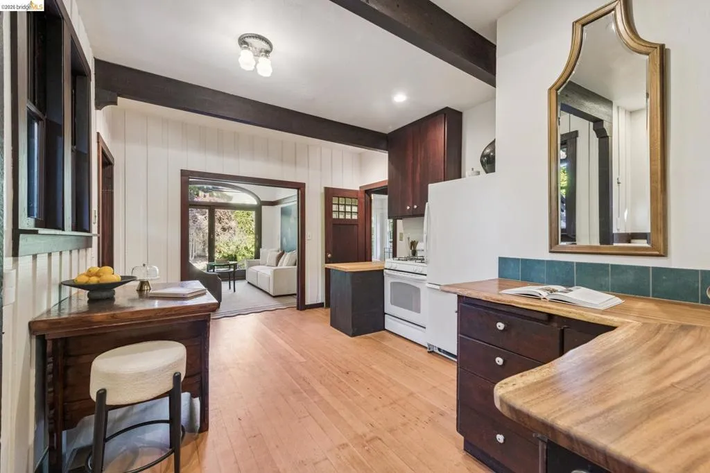 Wooden "live edge" countertops give the kitchen a warm feeling.