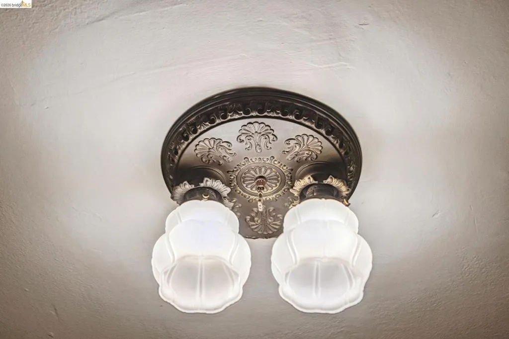 Ornate ceiling light fixture featuring a decorative bronze-tone base and two frosted glass shades