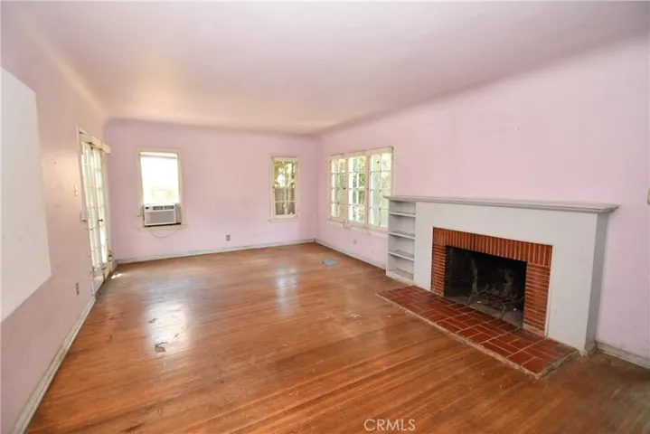 Living room with wood fireplace