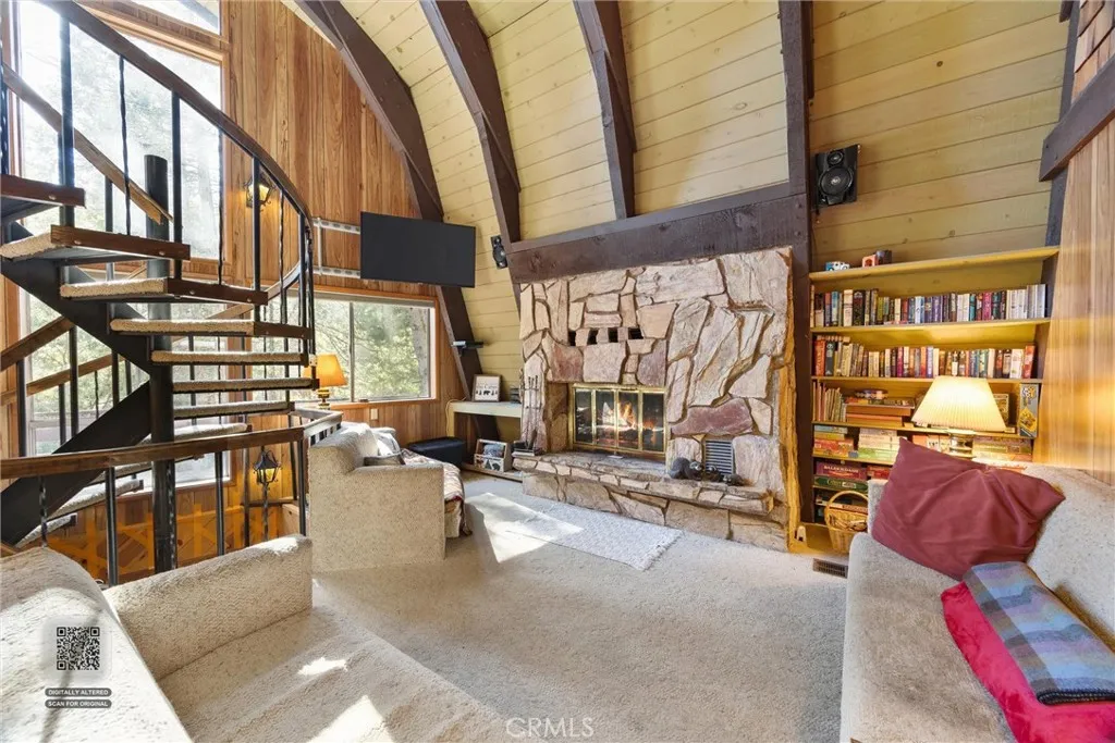 Facing front of cabin.  Beautiful stairway.
