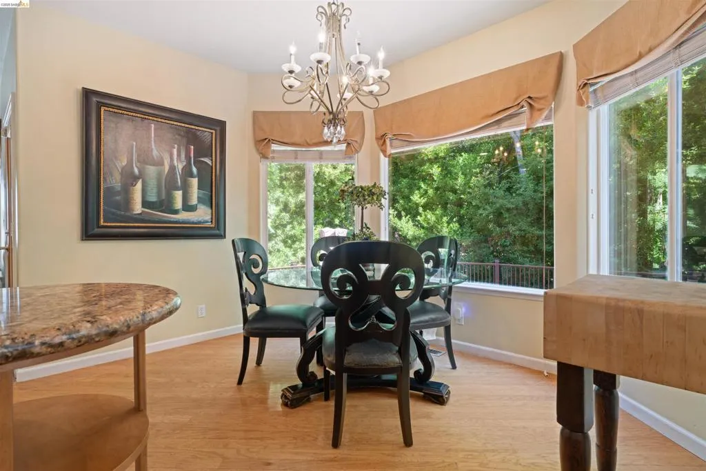 Bay window dining area featuring light wood-finish flooring, a built-in chandelier, and extensive natural light