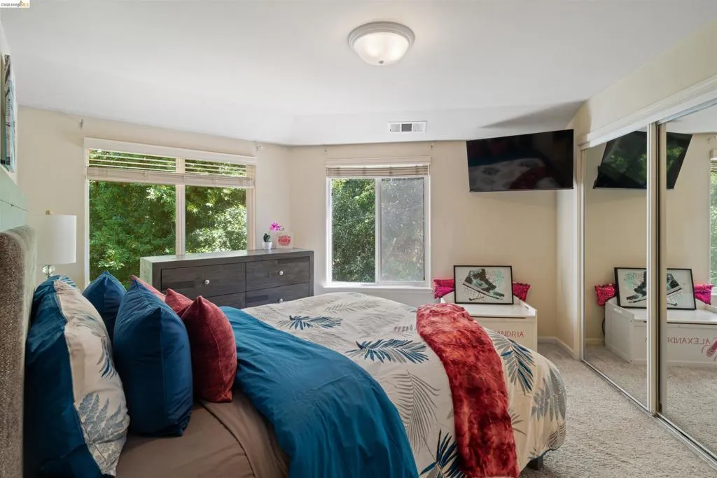 Carpeted room featuring multiple windows with blinds, a ceiling-mounted light fixture, and mirrored closet doors