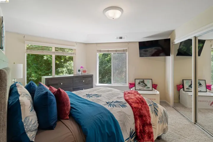 Carpeted room featuring multiple windows with blinds, a ceiling-mounted light fixture, and mirrored closet doors