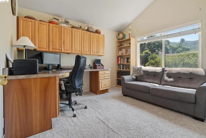 Dedicated workspace featuring extensive built-in cabinetry, a built-in desk with a stone-finish countertop, and plush carpeting