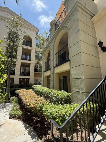View from walkway of patios