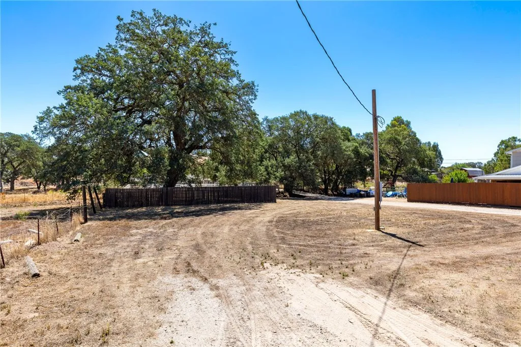 Front of Property – Expansive, level frontage with mature oak trees, open usable space, and dedicated electrical service, offering excellent potential for a barn, shop, or additional improvements.